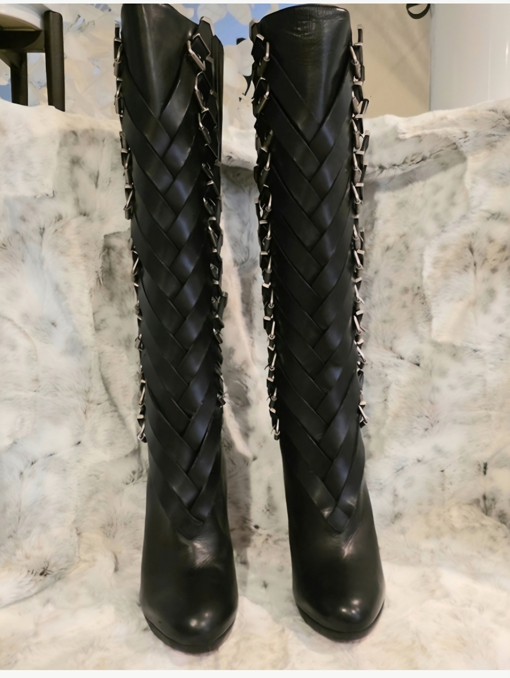 Christian Louboutin Black Leather High Heeled Boots with Silver Buckles EU 39 - Picture 6 of 13
